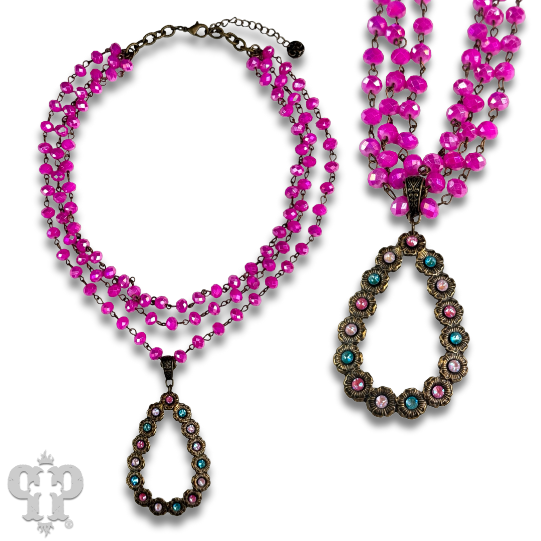 Fuchsia bead necklace with Austrian crystal pendant