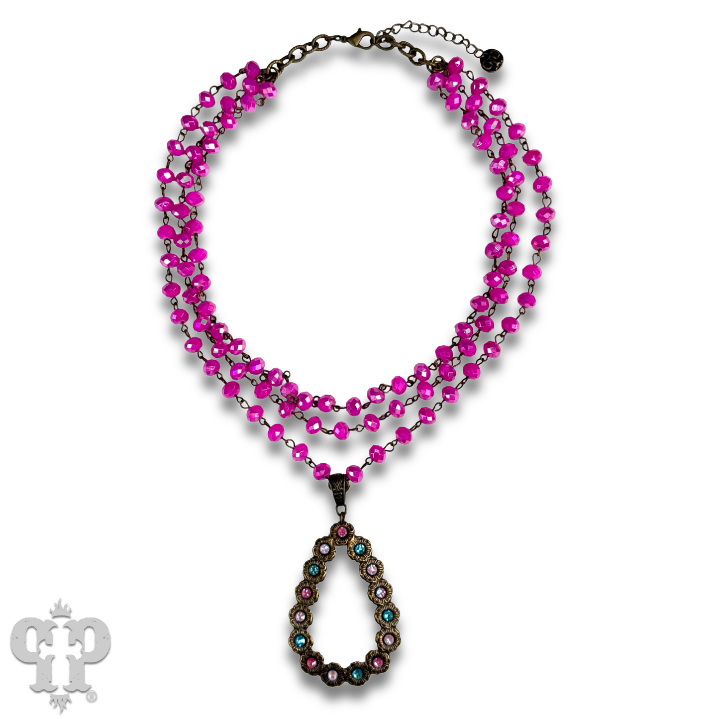 Fuchsia bead necklace with Austrian crystal pendant