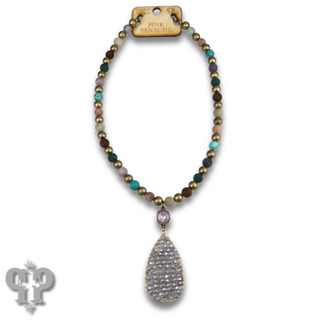 Woven bead pendant on stone bead necklace with Austrian crystal