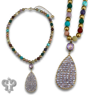Woven bead pendant on stone bead necklace with Austrian crystal