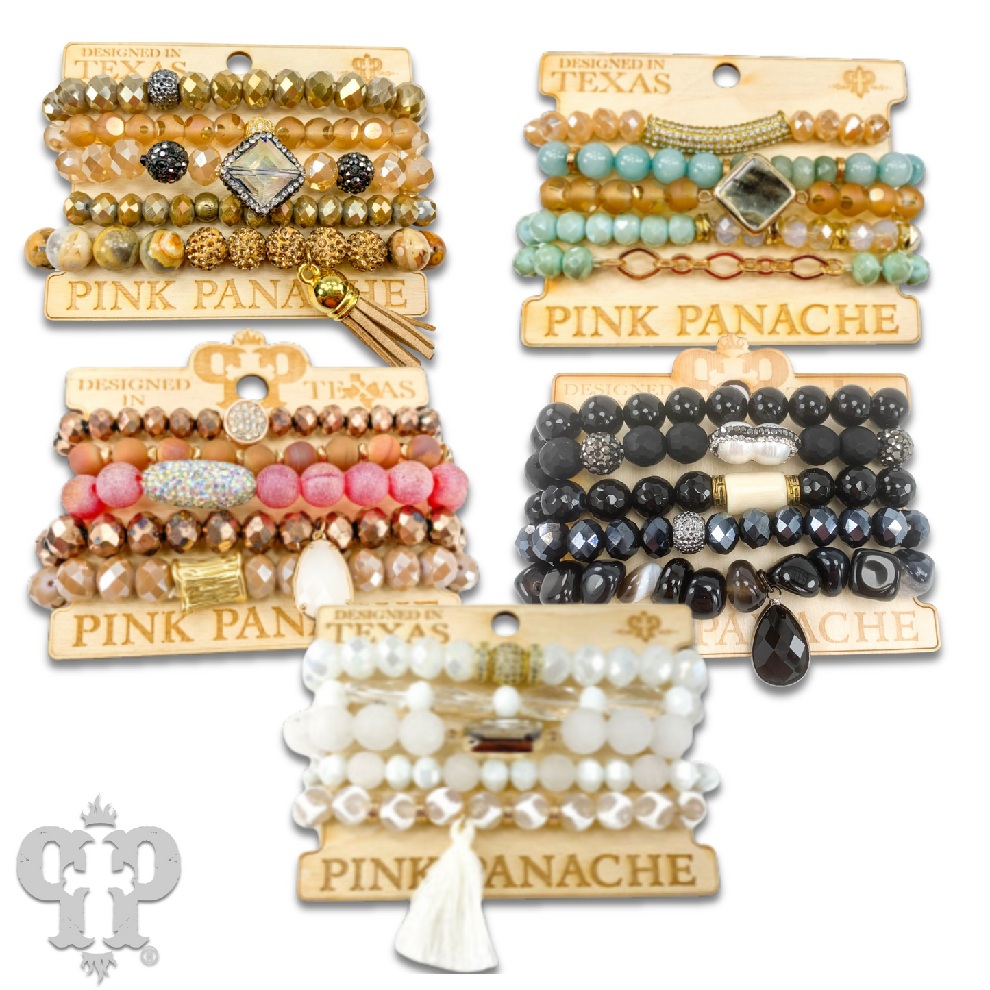 Five strand bead bracelet stack with charms