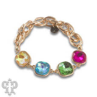 Square colorful rhinestone and stretch gold tone bracelet