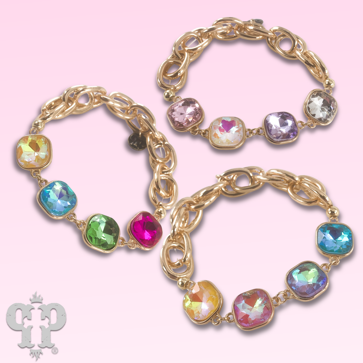 Square colorful rhinestone and stretch gold tone bracelet