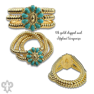 Turquoise concho charm and 18k gold dipped bead bracelet