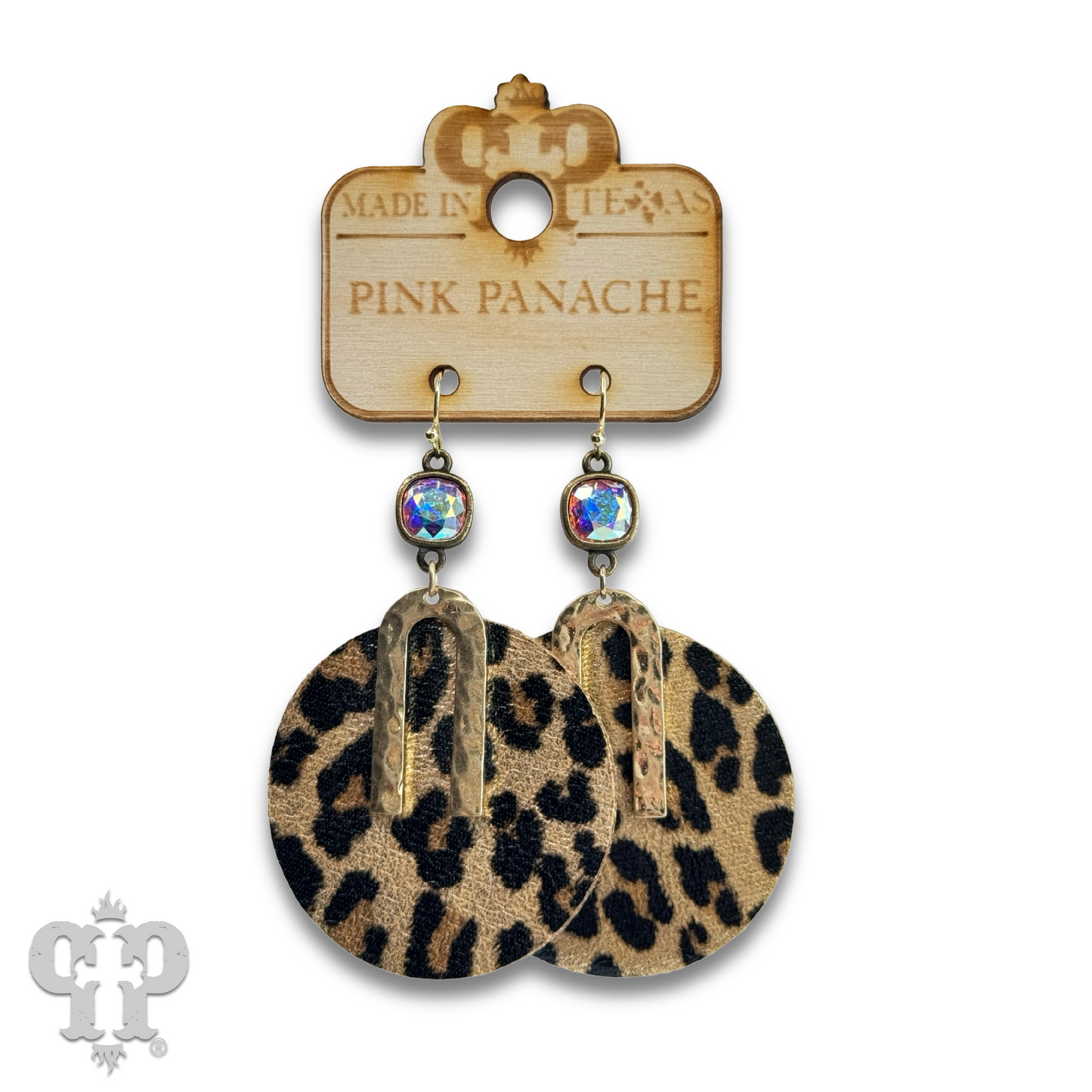 Pebbled leather circle earring, Austrian crystal