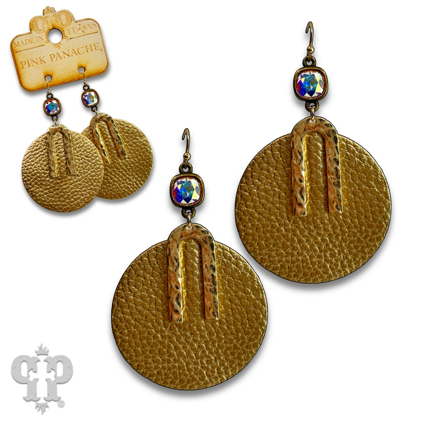 Pebbled leather circle earring, Austrian crystal