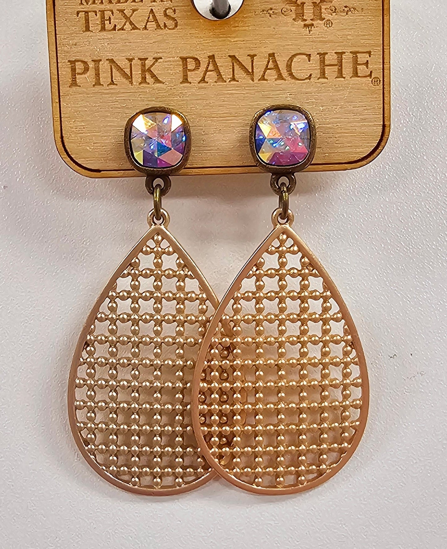Gold woven look teardrop, Austrian crystal earring, last call