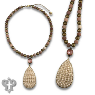 Woven bead pendant on stone bead necklace with Austrian crystal