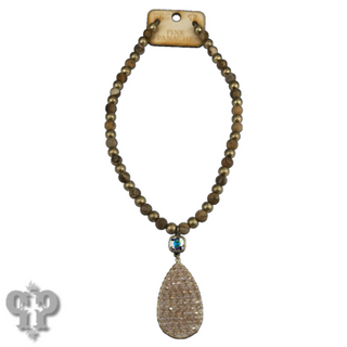 Woven bead pendant on stone bead necklace with Austrian crystal