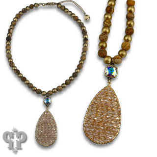 Woven bead pendant on stone bead necklace with Austrian crystal