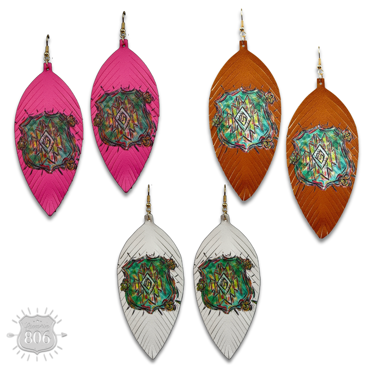 Leather aztec print feather earring, last call