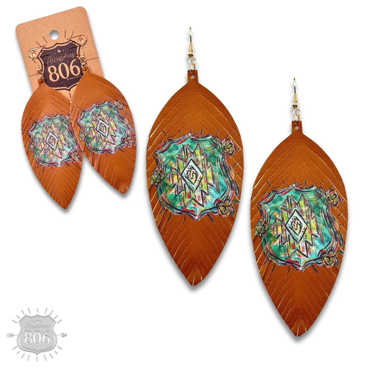 Leather aztec print feather earring, last call