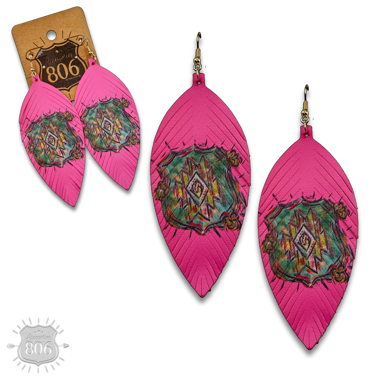 Leather aztec print feather earring, last call
