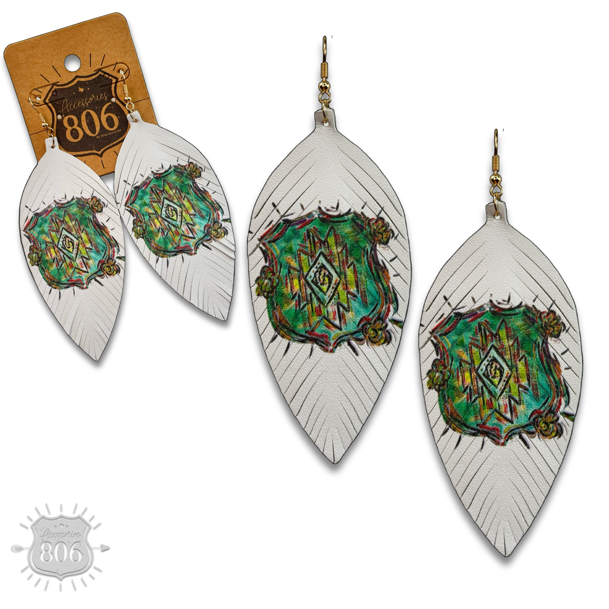 Leather aztec print feather earring, last call