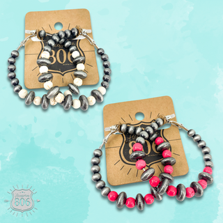 Silver and stone bead hoop earring