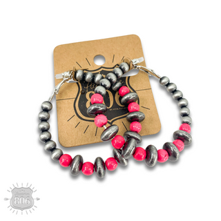 Silver and stone bead hoop earring