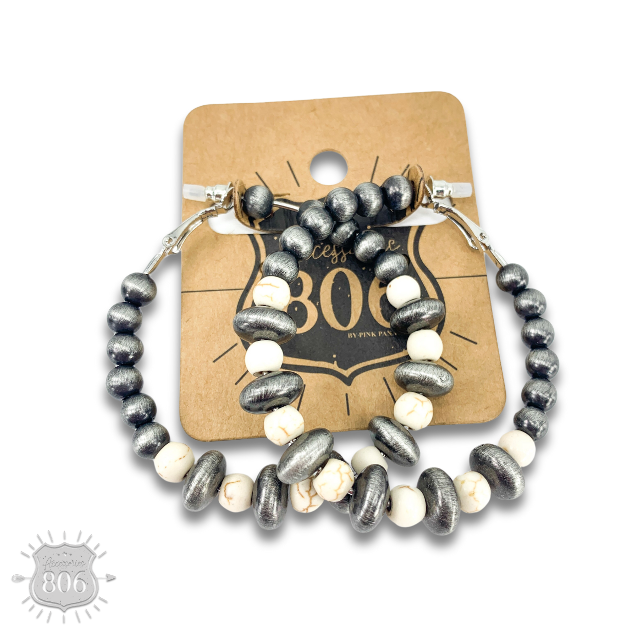Silver and stone bead hoop earring, last call