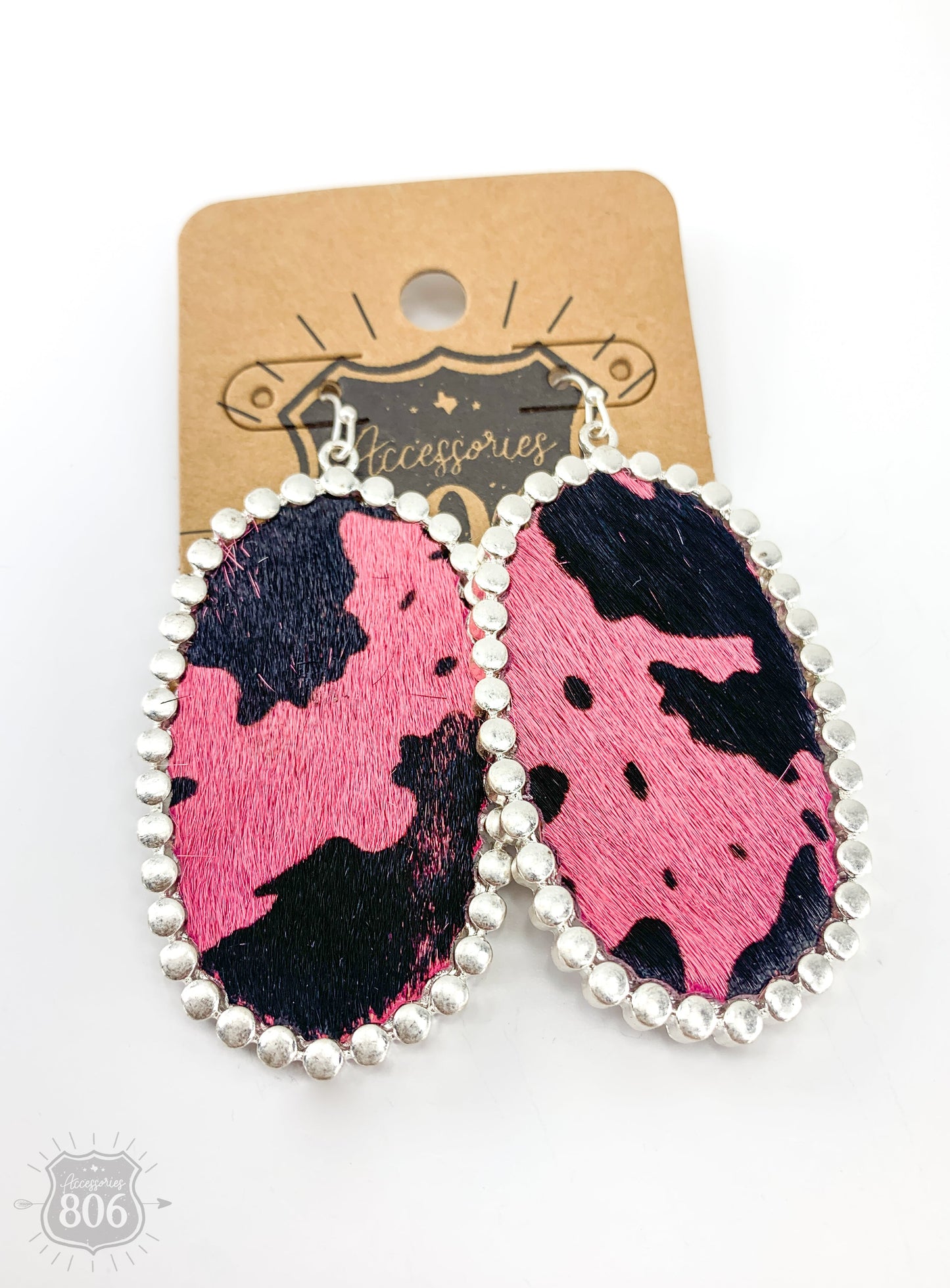 Pink cow print oval earring, last call