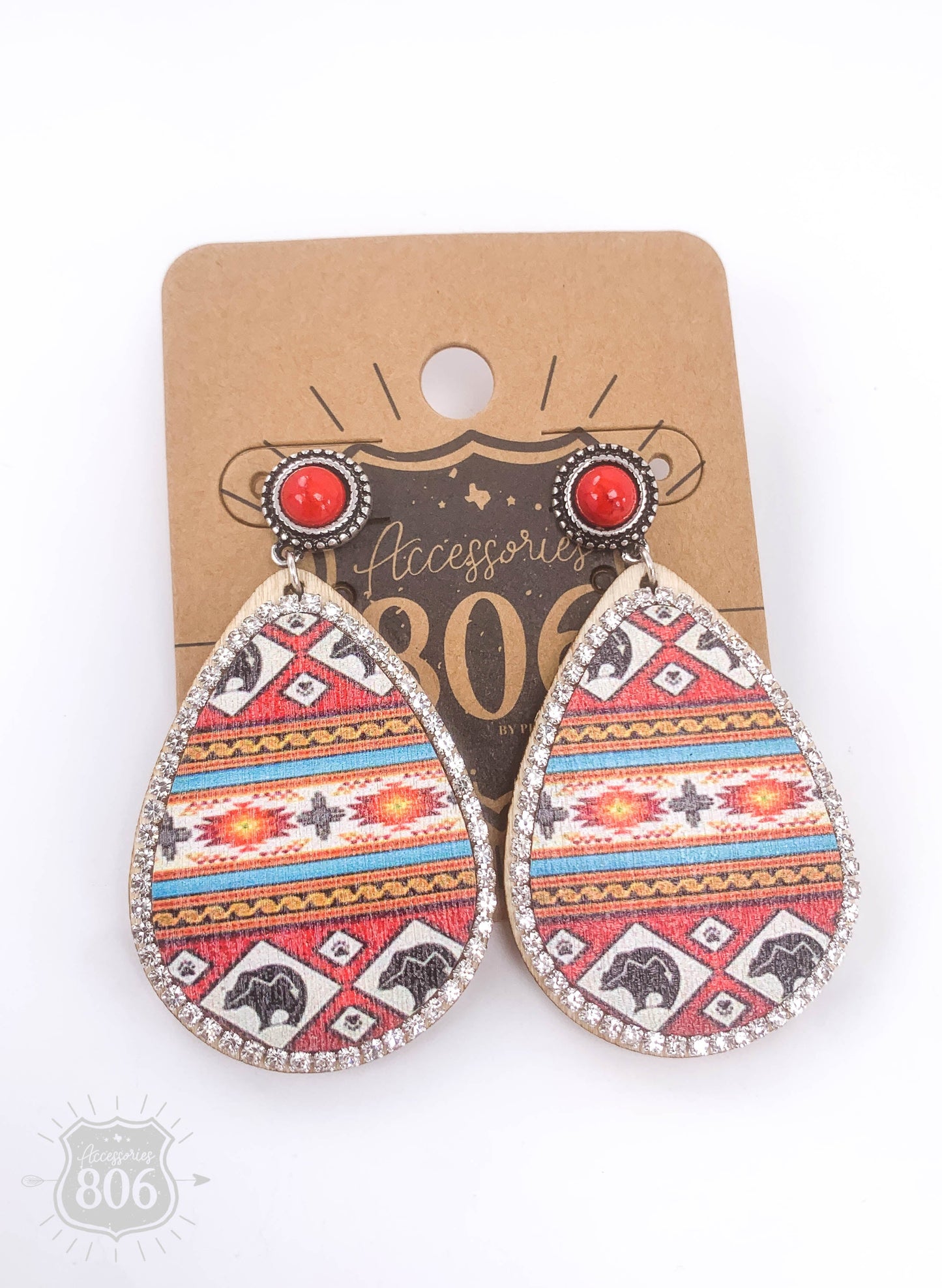 Aztec print wood teardrop earring, last call