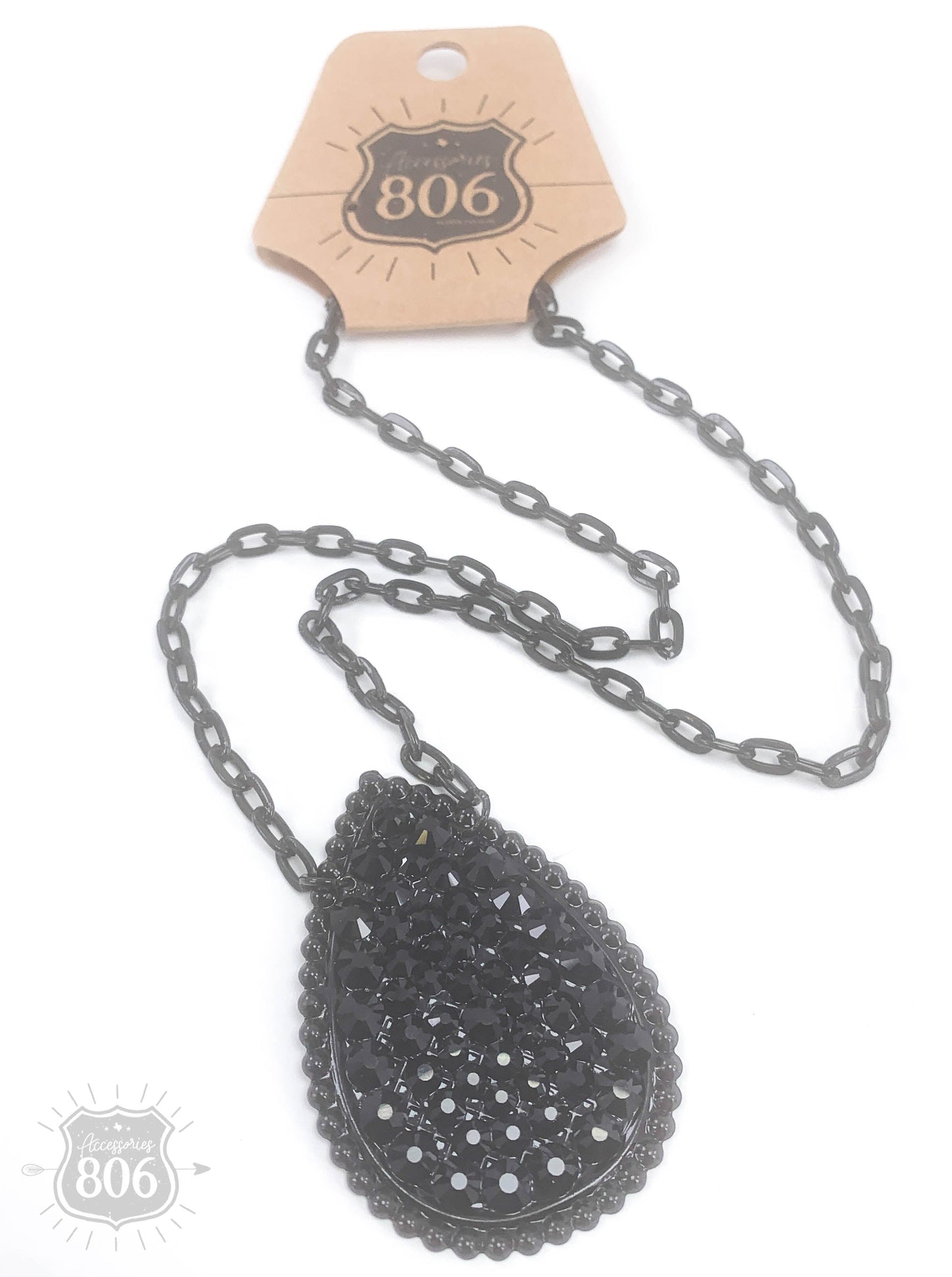 Rhinestone filled teardrop pendant chain necklace