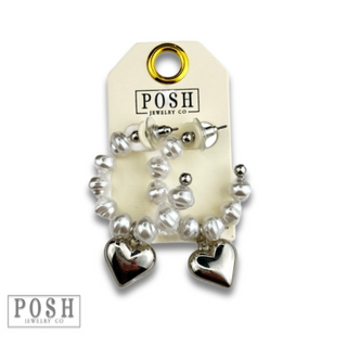 Pearl and puffed heart hoop earring