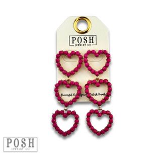 Fuchsia rhinestone triple heart earring