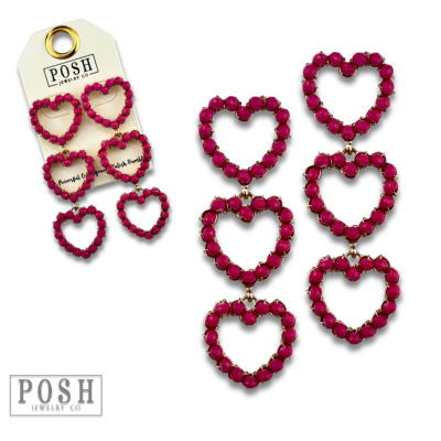 Fuchsia rhinestone triple heart earring