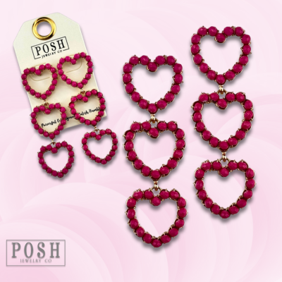 Fuchsia rhinestone triple heart earring