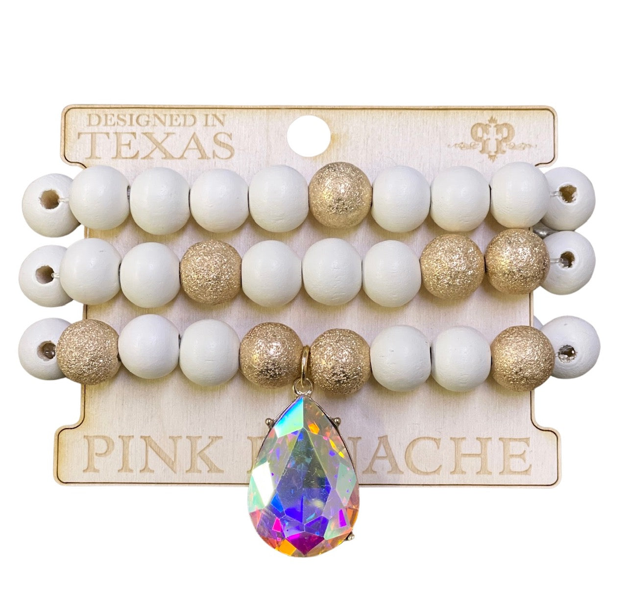 Large wood and foil texture bead bracelet stack with rhinestone charm