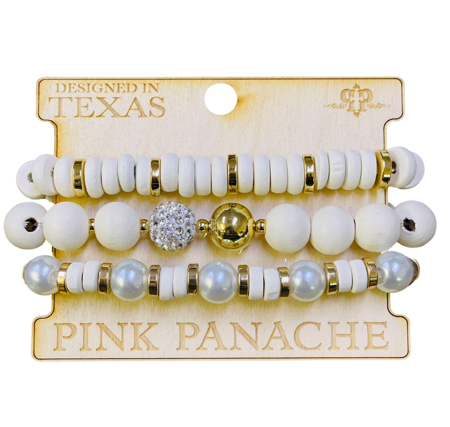 Round and disc shape wood bead bracelet stack