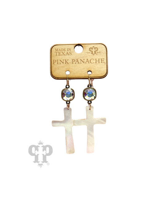 Mother-of-pearl finish cross charm earring with Austrian crystal