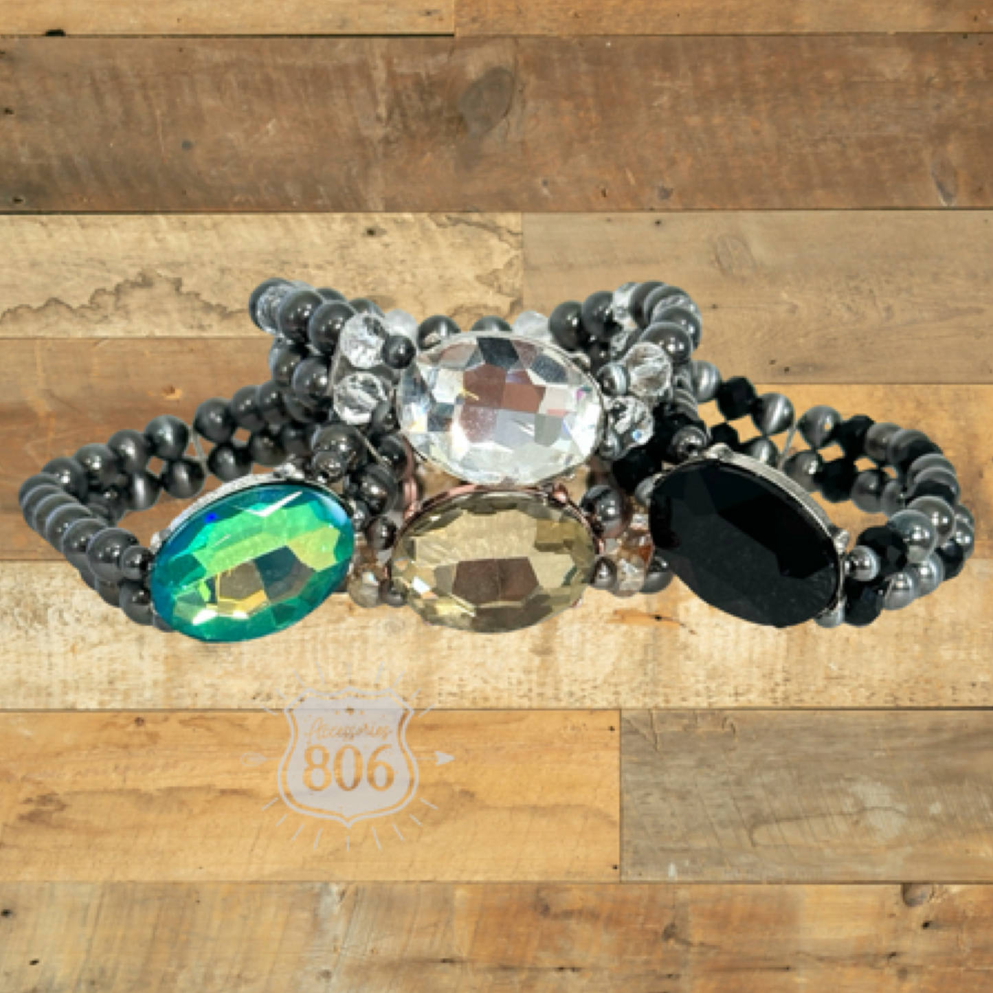 Burnished bead and rhinestone bracelet