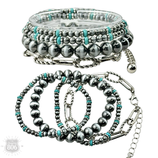 Western burnished pearl bead and chain bracelet set