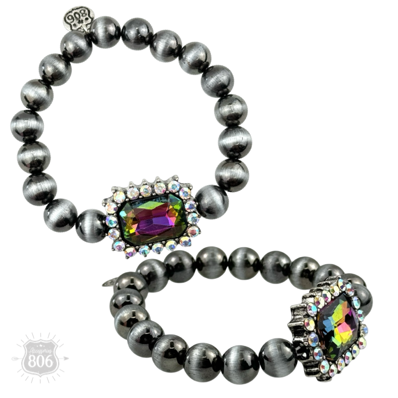 Navajo style burnished beaded bracelet, rhinestone charm