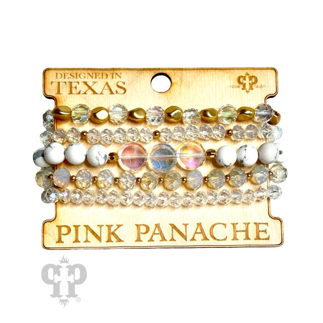 Five strand stone and metallic bead bracelet set