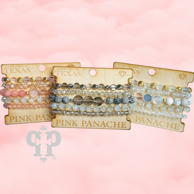 Five strand stone and metallic bead bracelet set