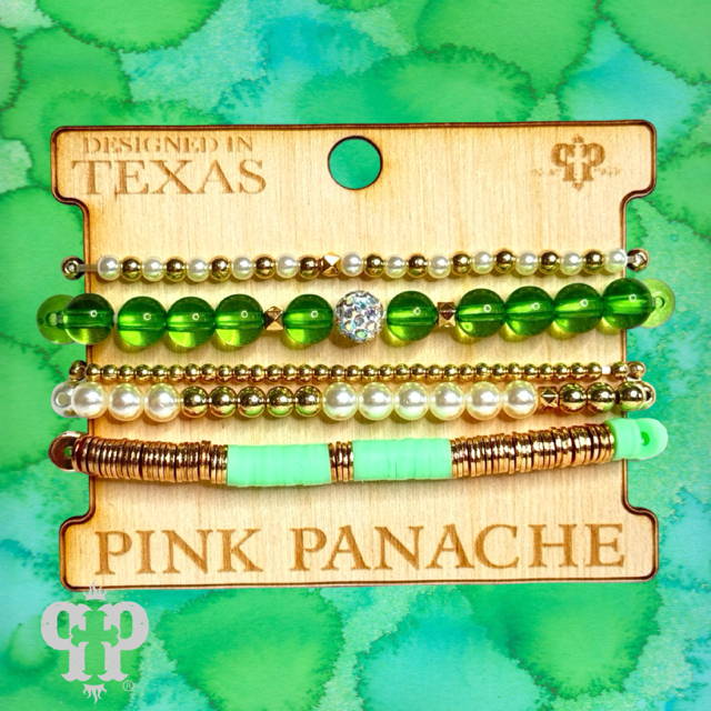 Five strand round and disc bead bracelet set