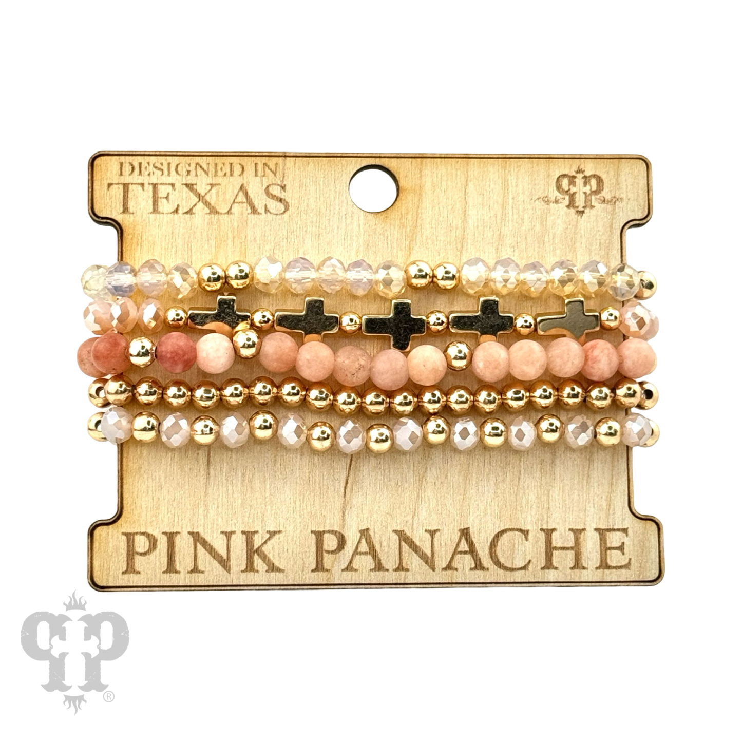 Five strand stone and gold cross bracelet set