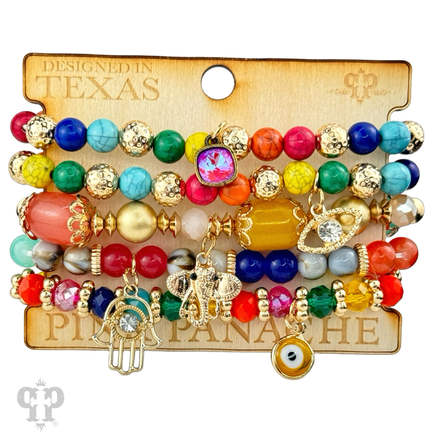 Mixed charm beaded bracelet set with Austrian crystal charm