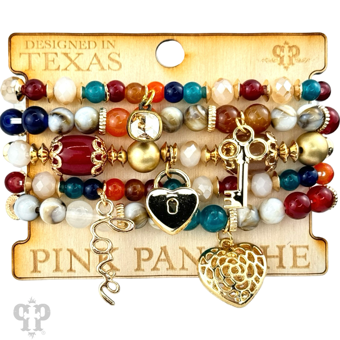 Mixed charm beaded bracelet set with Austrian crystal charm