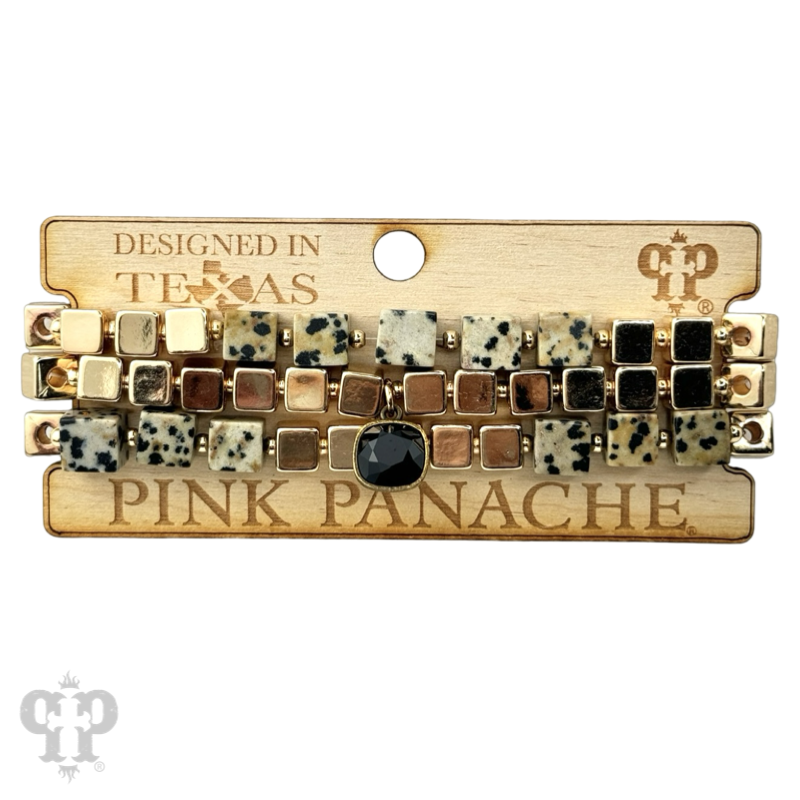 Square stone and gold bead bracelet set with Austrian crystal
