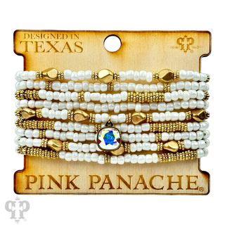 Gold, silver and white pony bead stacked bracelet