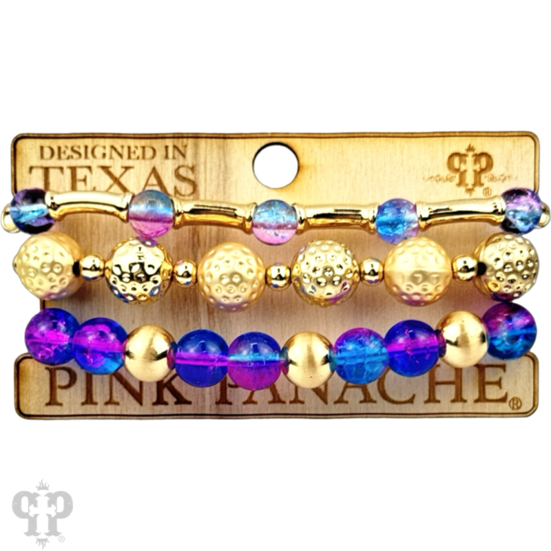 Ombre crackle and gold hammered bead stack bracelet
