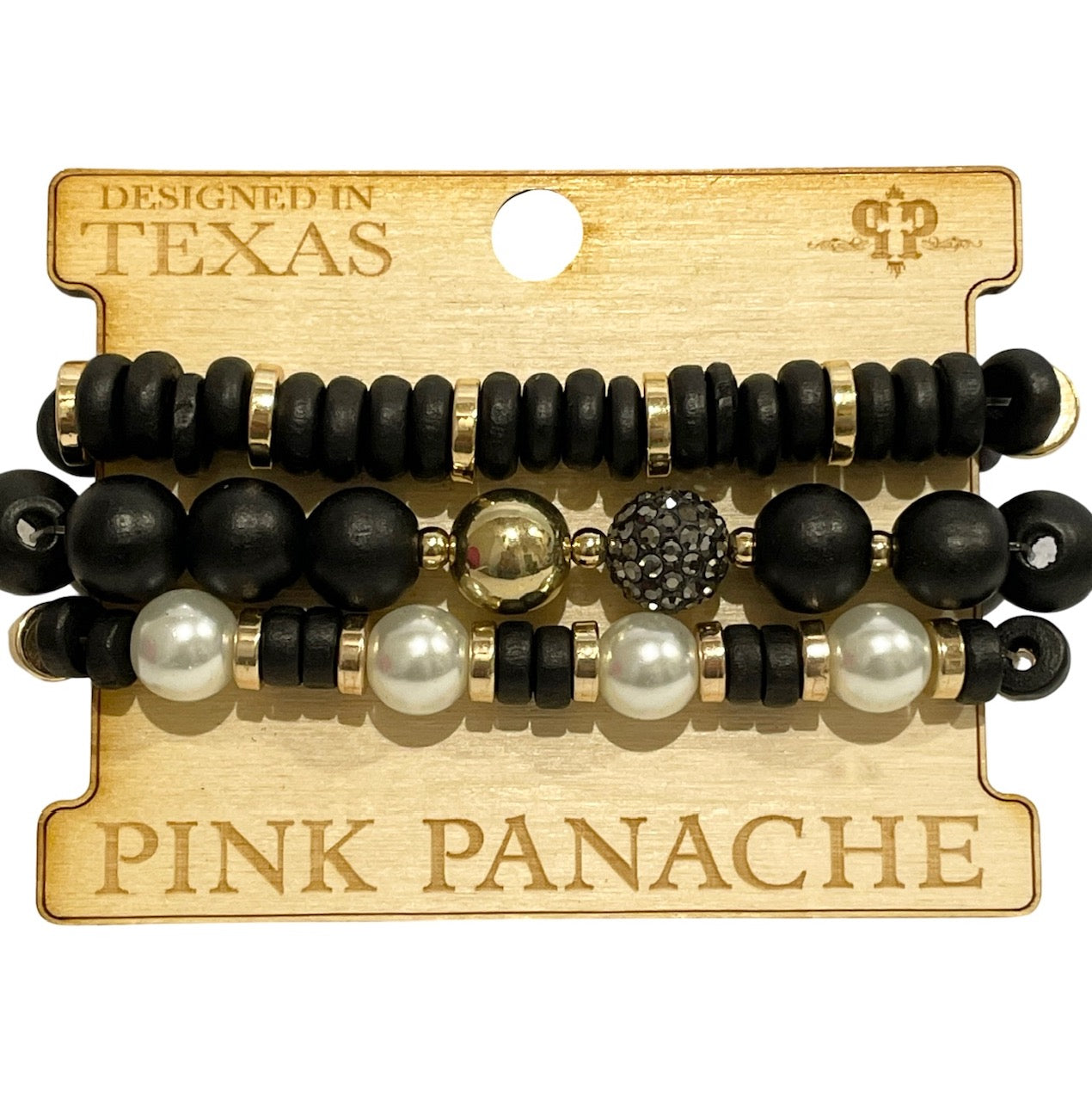 Round and disc shape wood bead bracelet stack