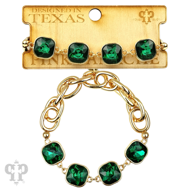 Square colorful rhinestone and stretch gold tone bracelet