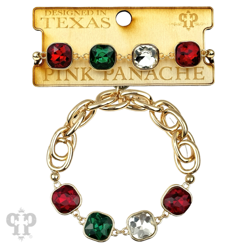 Square colorful rhinestone and stretch gold tone bracelet