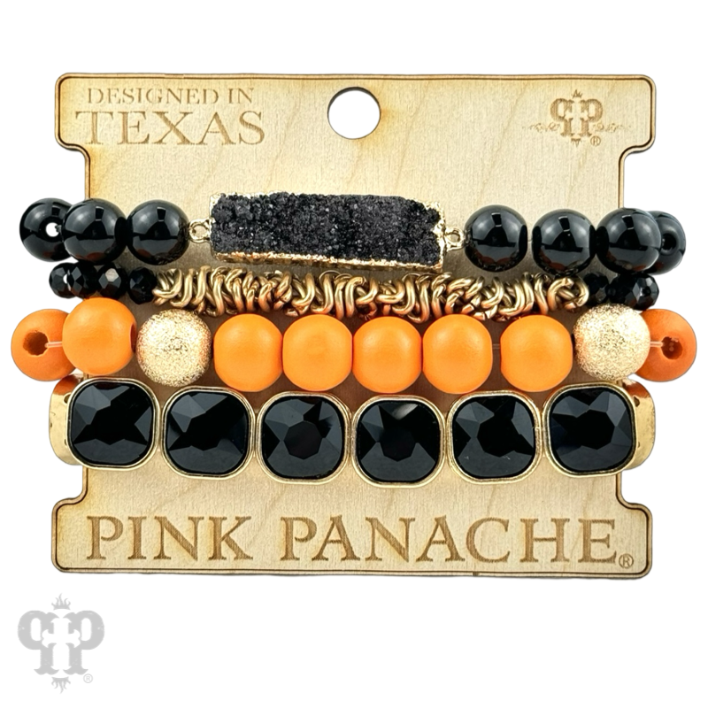 Orange and black bracelet stack, rhinestones