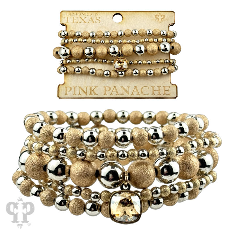 Gold and silver round bead bracelet stack, Austrian crystal