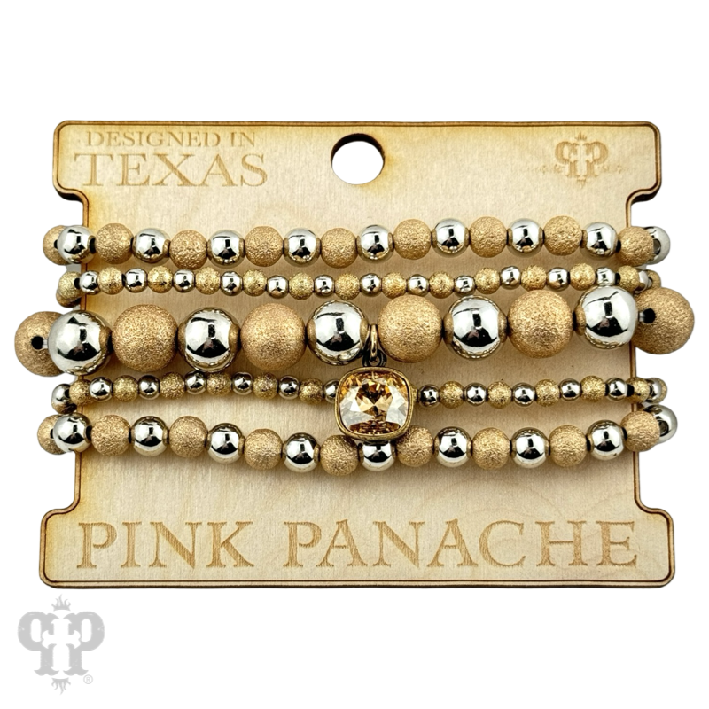Gold and silver round bead bracelet stack, Austrian crystal