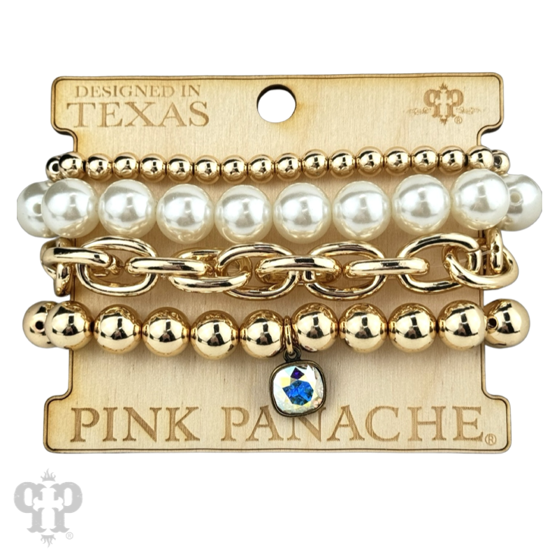 Pearl bead and shiny metal bracelet stack, Austrian crystal